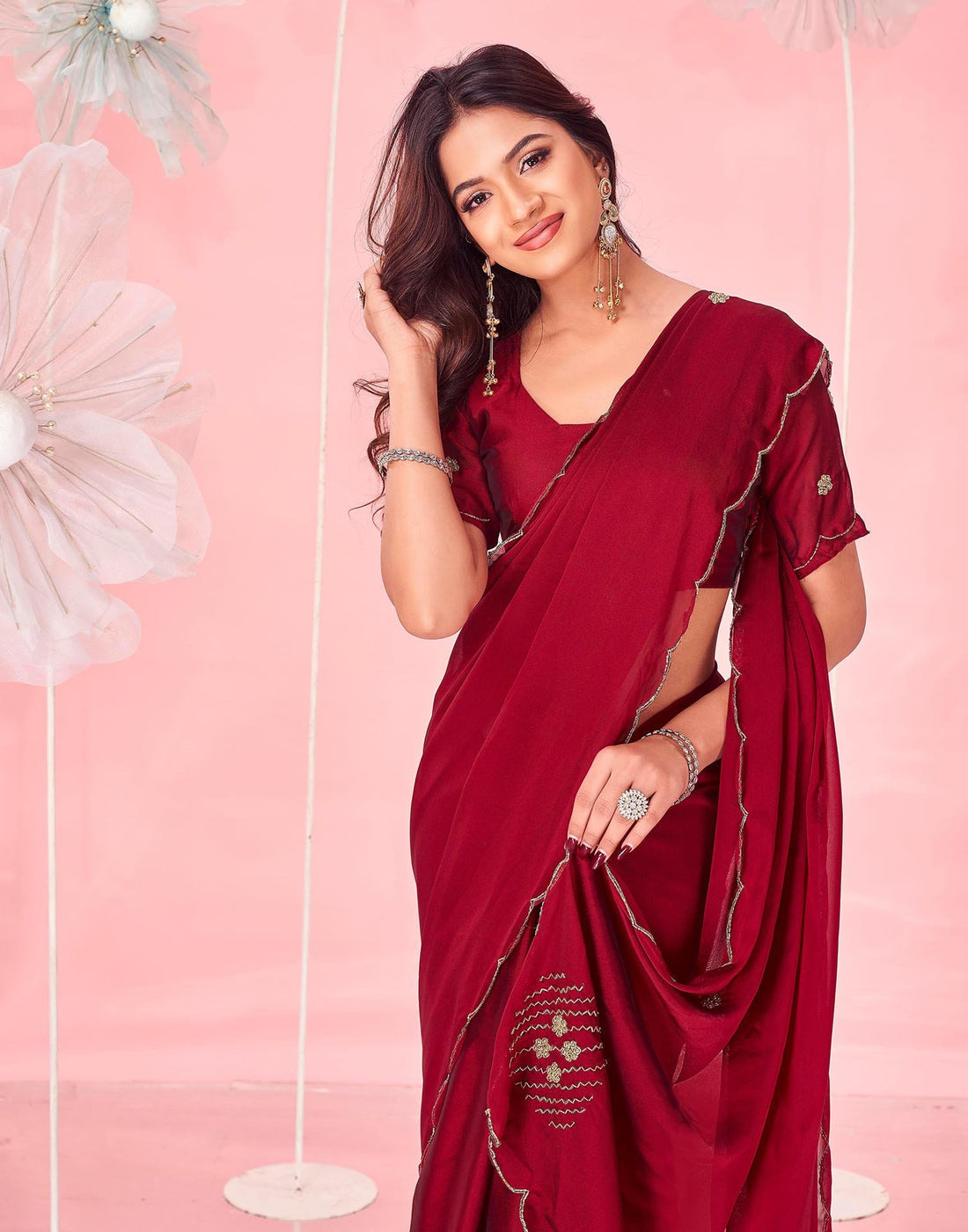 Maroon Silk Hand Work Embellished Saree