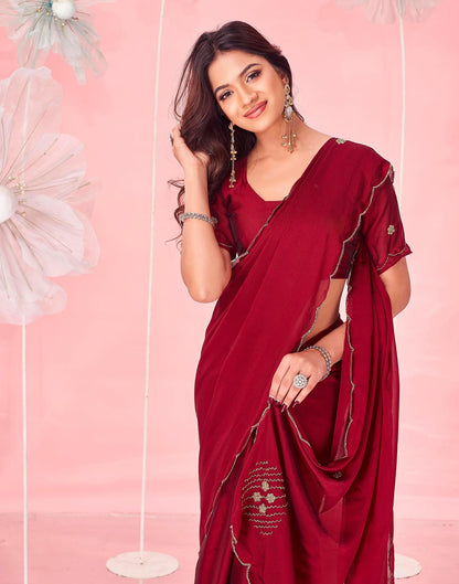 Maroon Silk Hand Work Embellished Saree