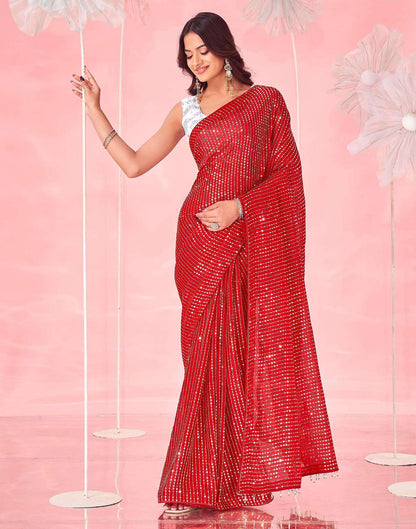 Red Georgette Sequence Embroidery Saree