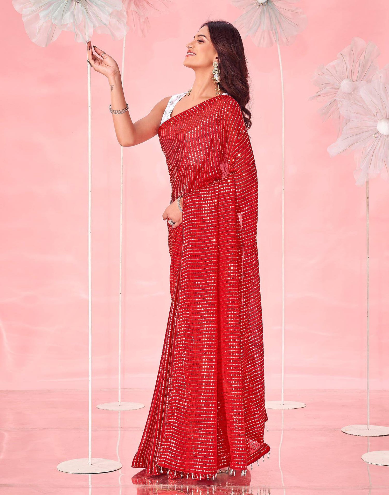 Red Georgette Sequence Embroidery Saree