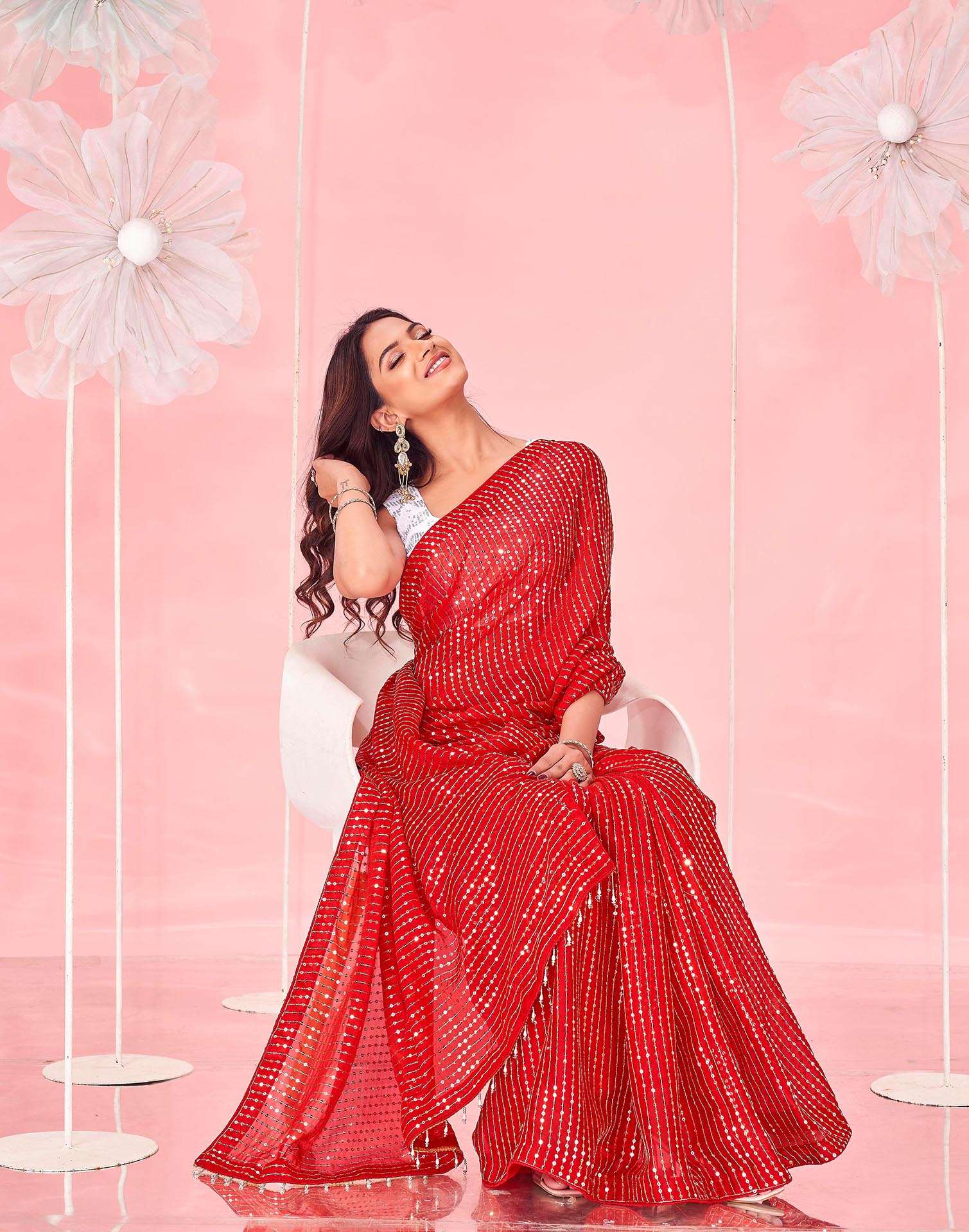 Red Georgette Sequence Embroidery Saree