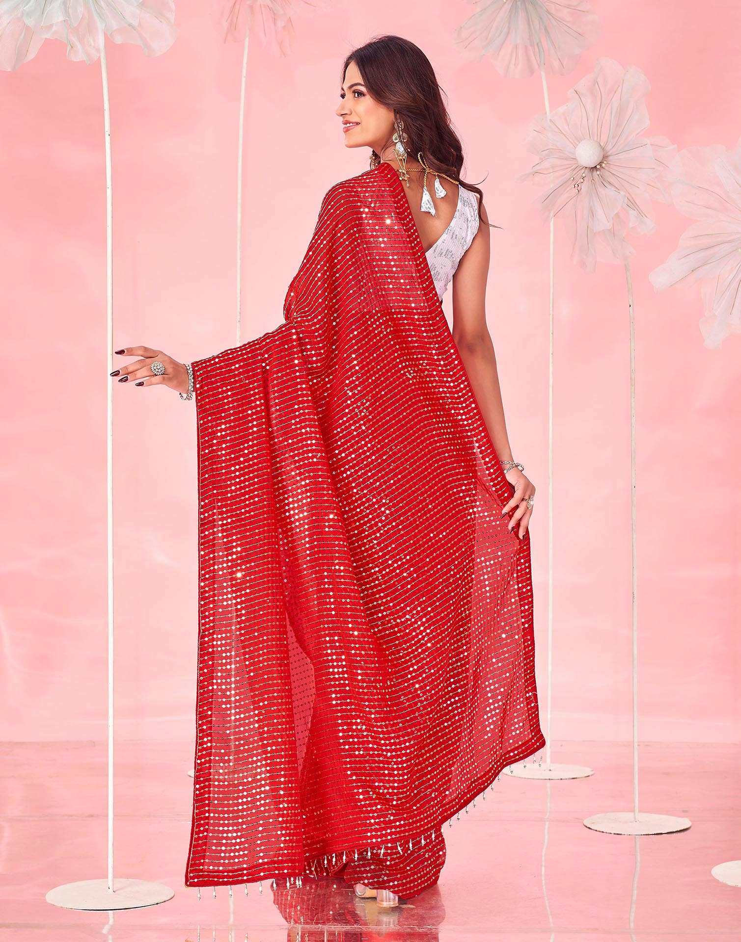 Red Georgette Sequence Embroidery Saree