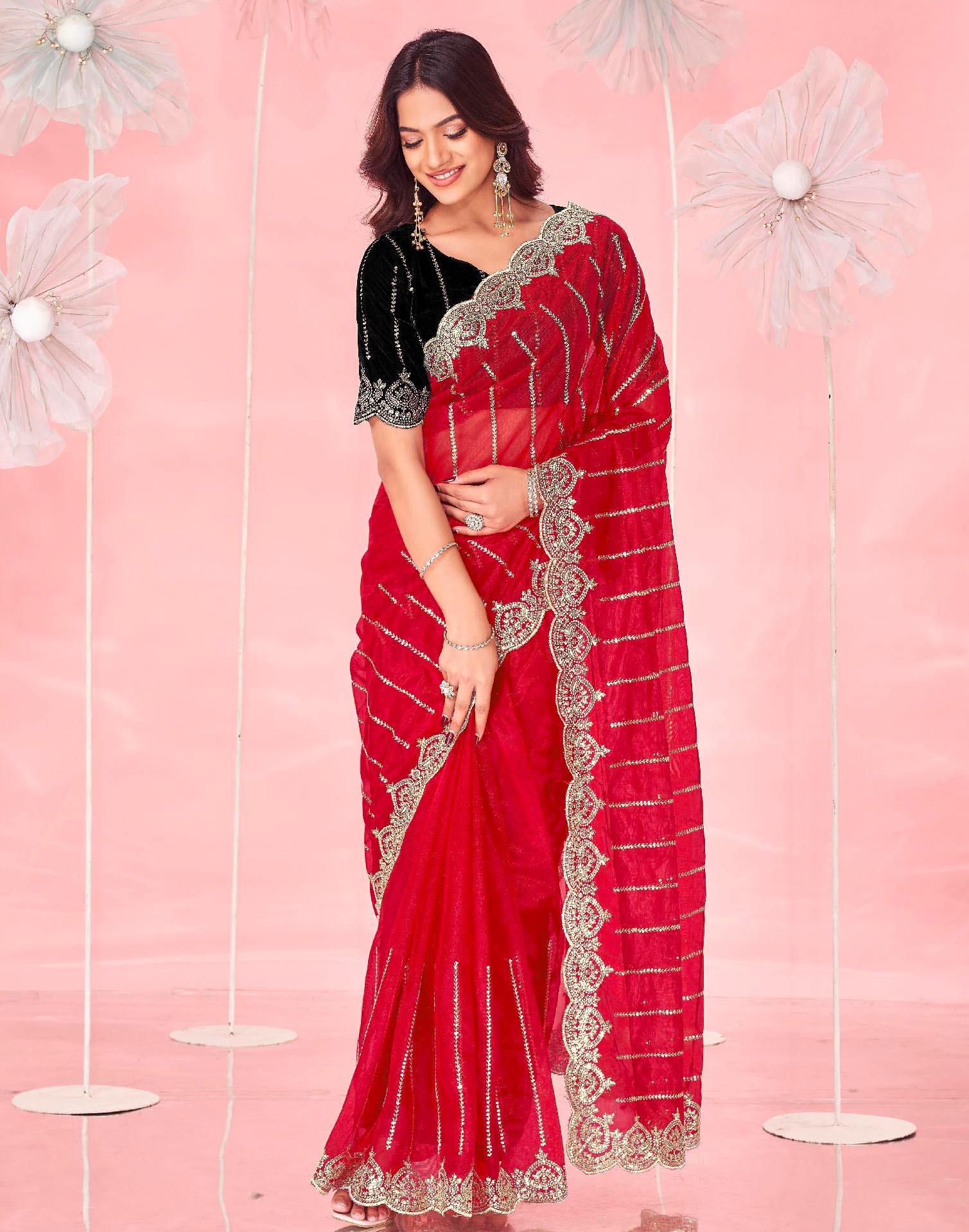 Red Net Sequence Embroidery Saree