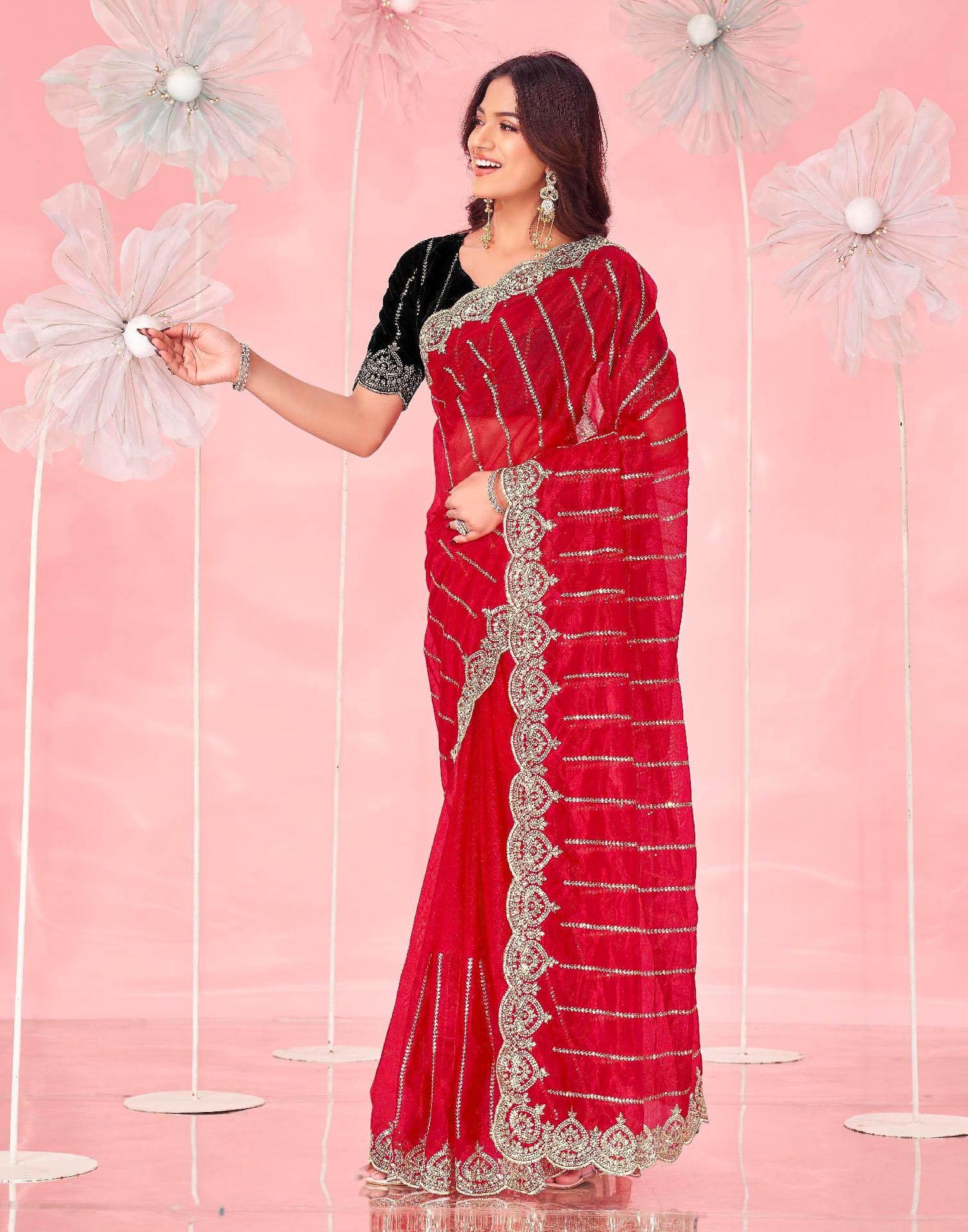 Red Net Sequence Embroidery Saree