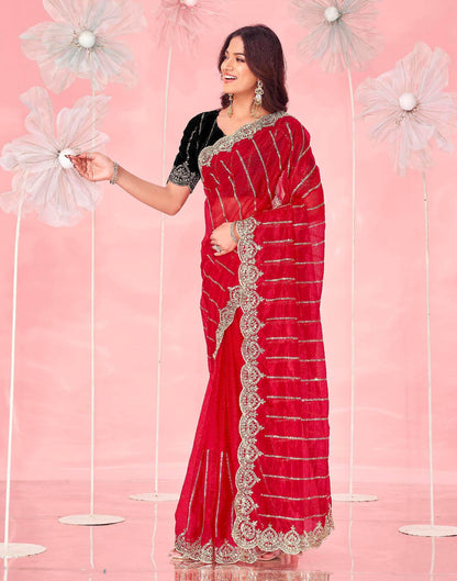 Red Net Sequence Embroidery Saree
