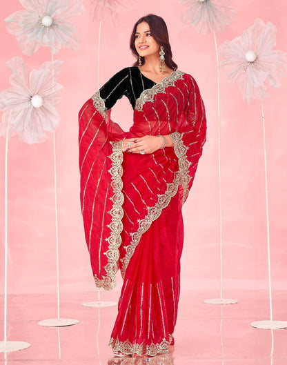 Red Net Sequence Embroidery Saree