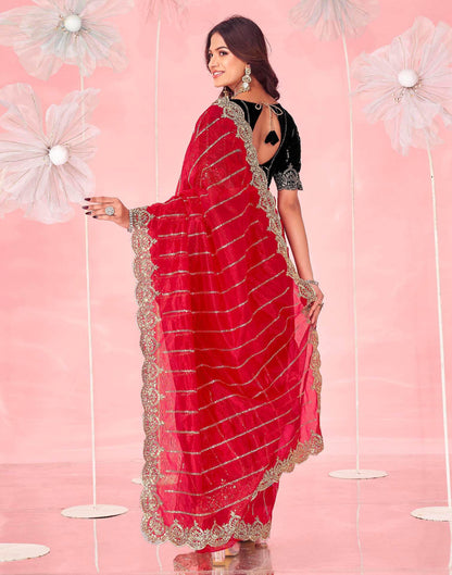 Red Net Sequence Embroidery Saree