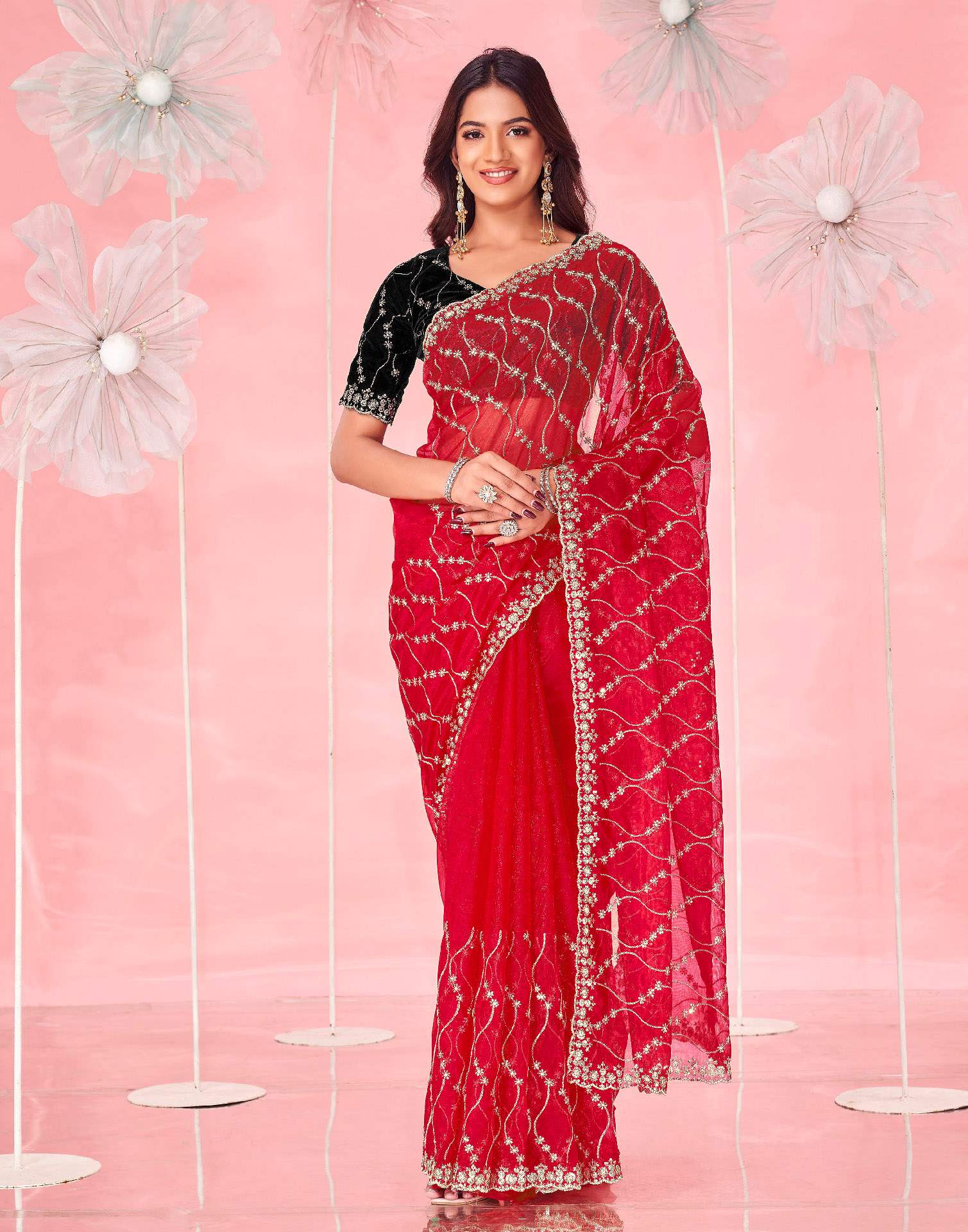 Red Net Sequence Embroidery Saree