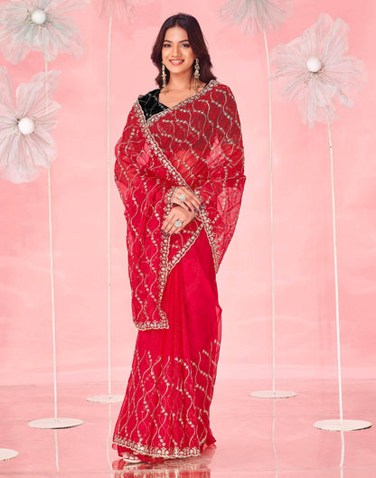 Red Net Sequence Embroidery Saree