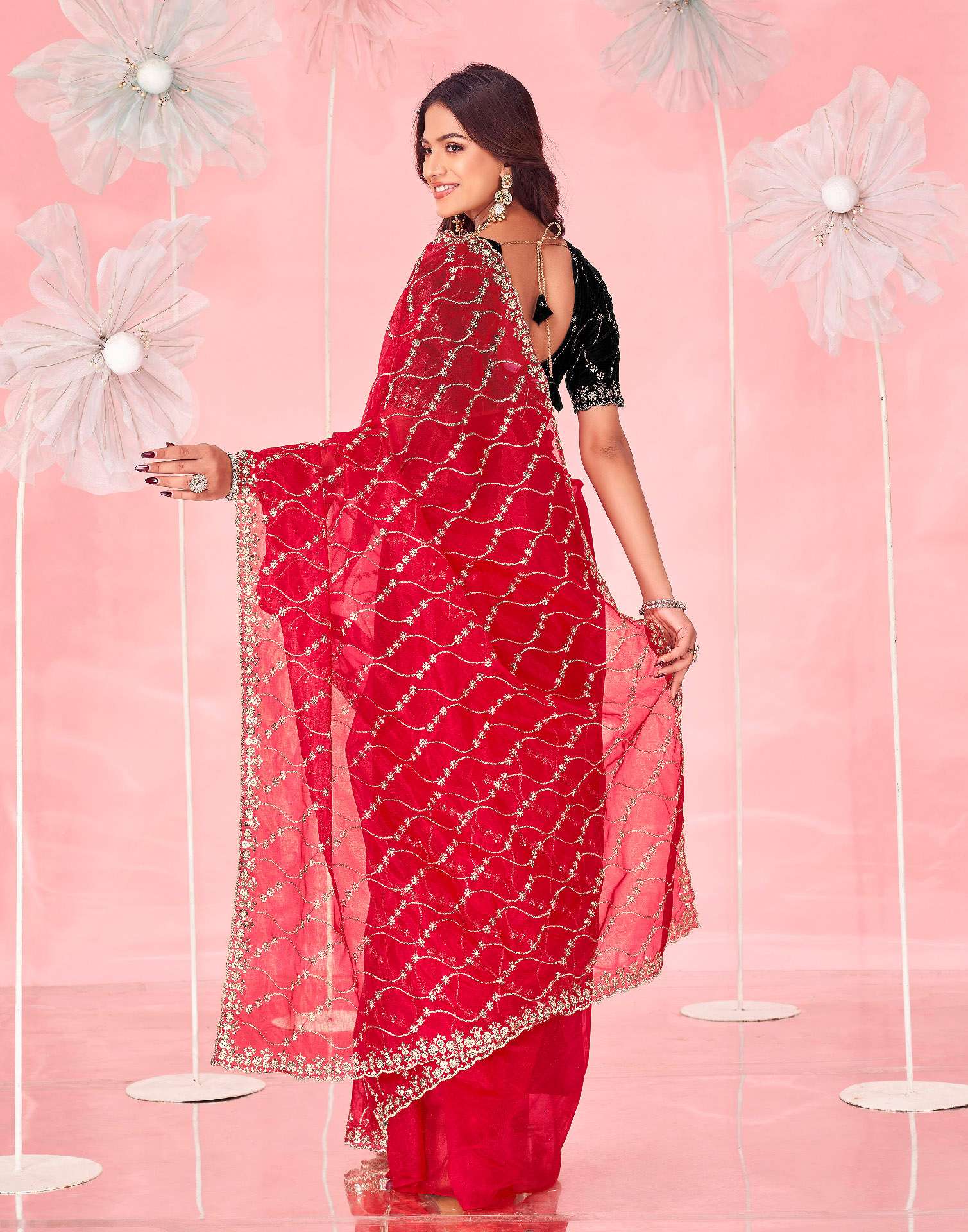 Red Net Sequence Embroidery Saree