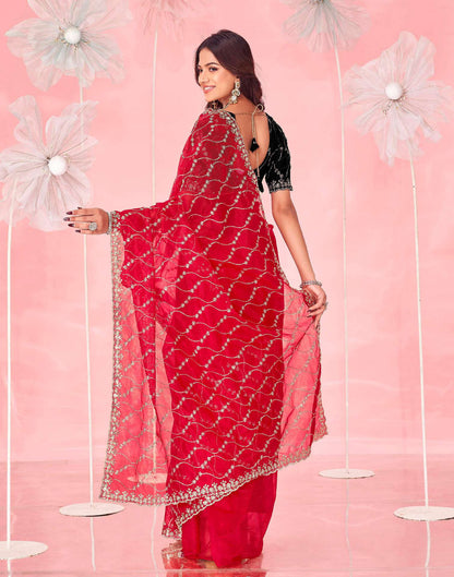 Red Net Sequence Embroidery Saree
