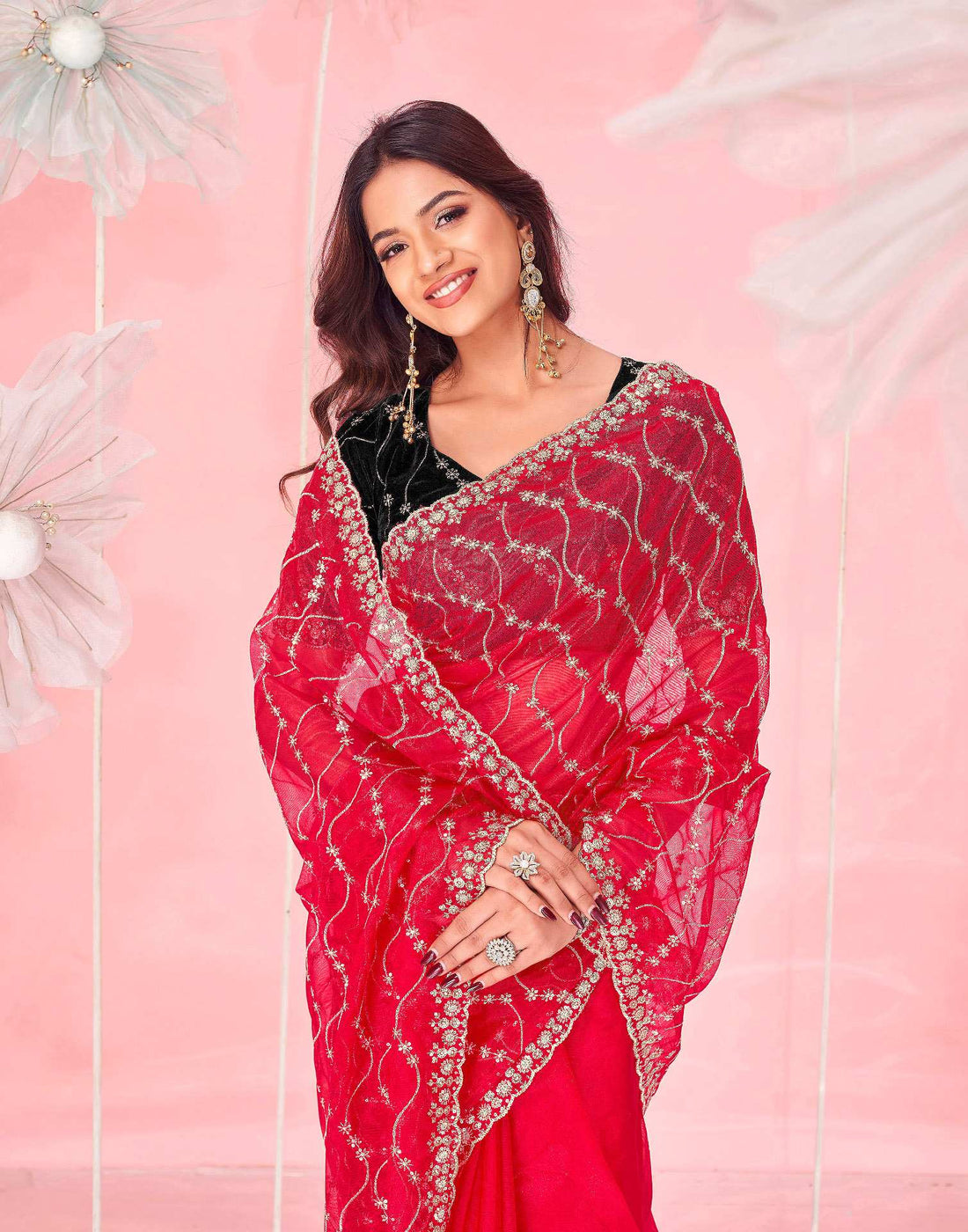 Red Net Sequence Embroidery Saree