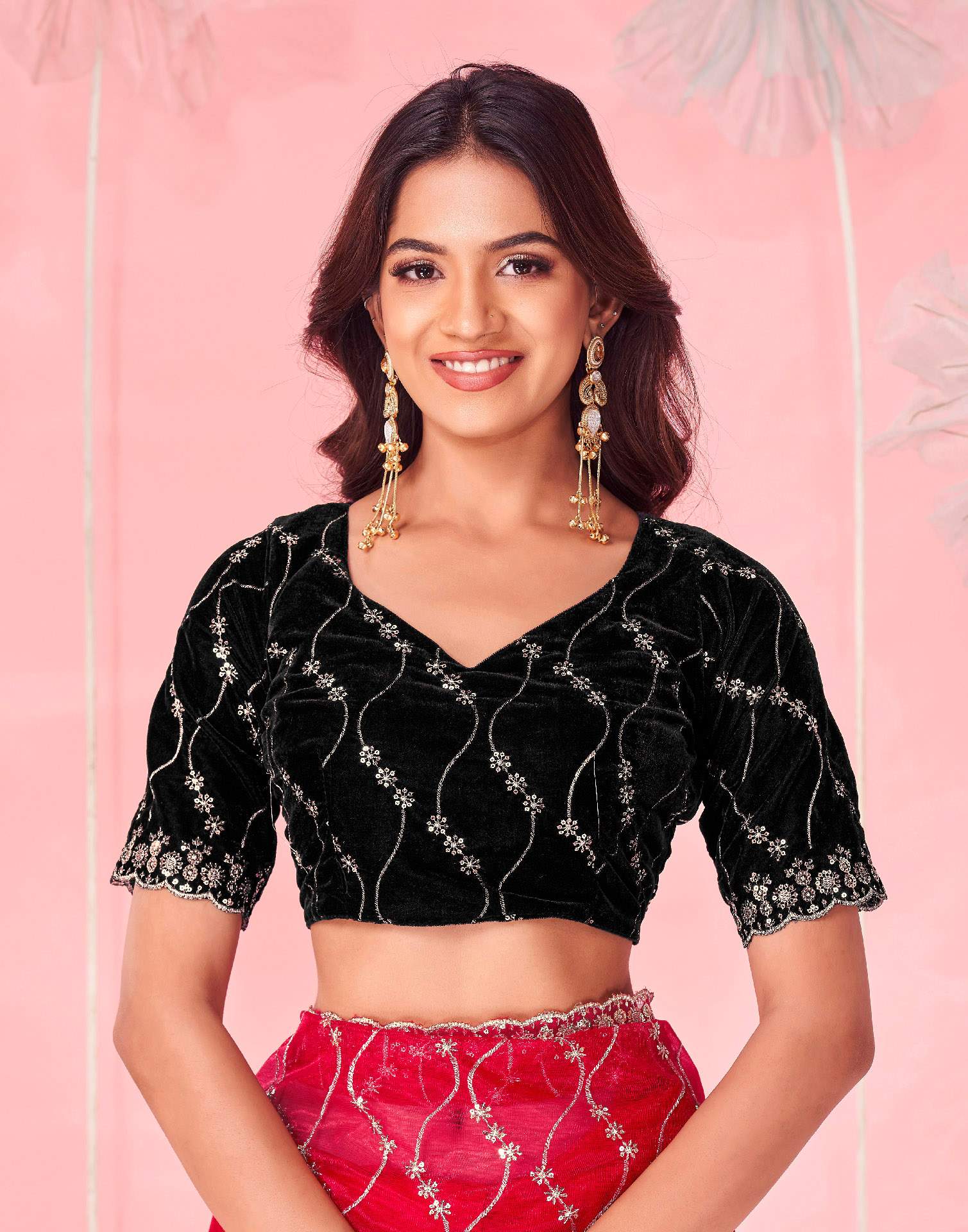 Red Net Sequence Embroidery Saree