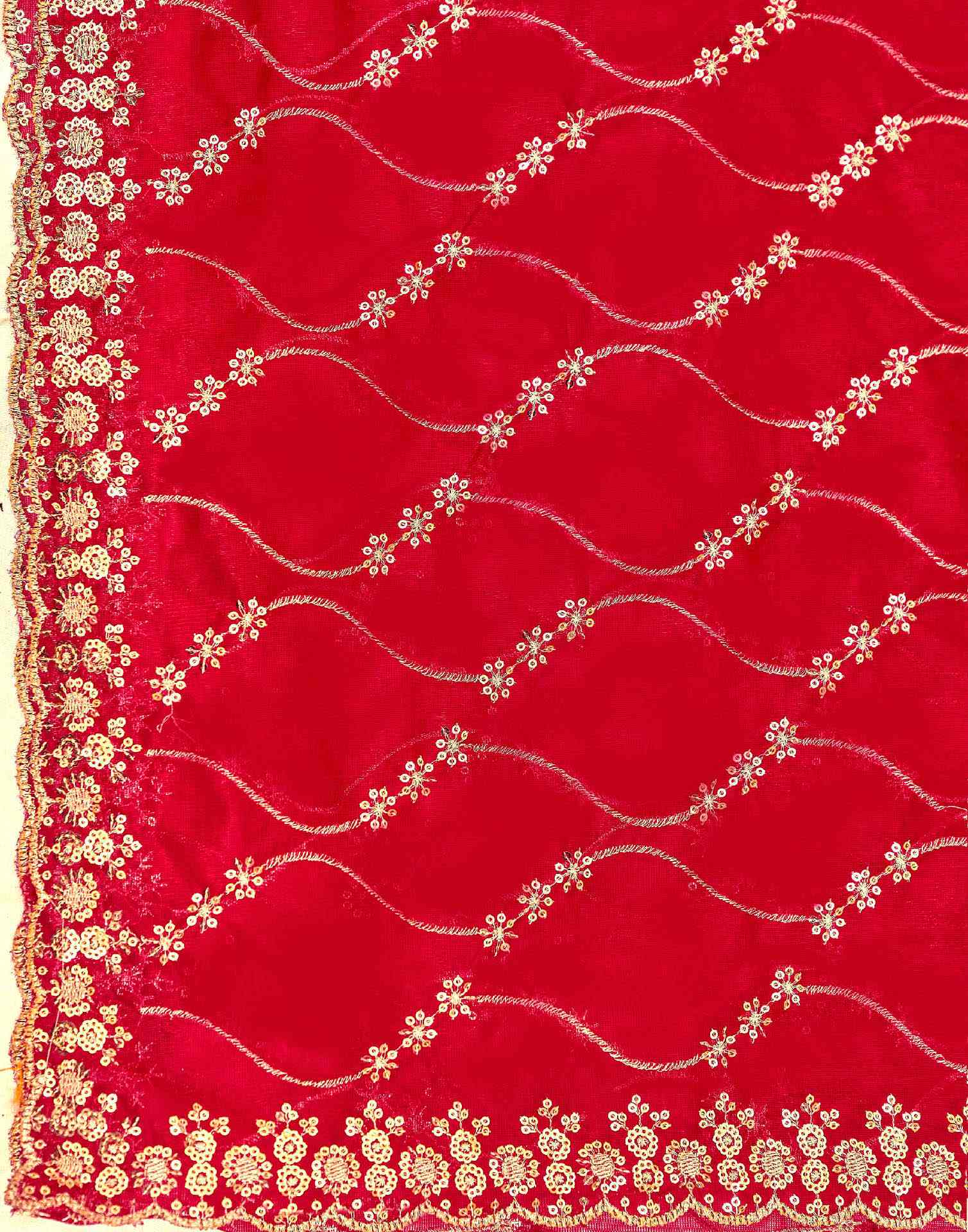 Red Net Sequence Embroidery Saree