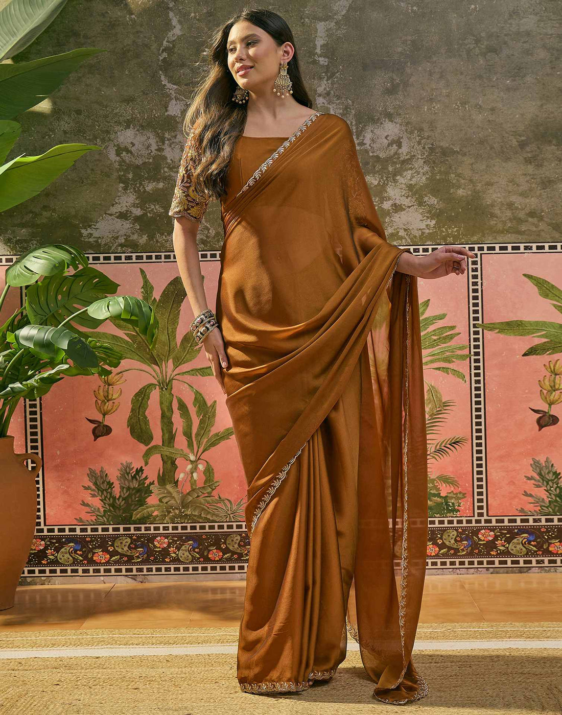 Brown Silk Embroidery Saree