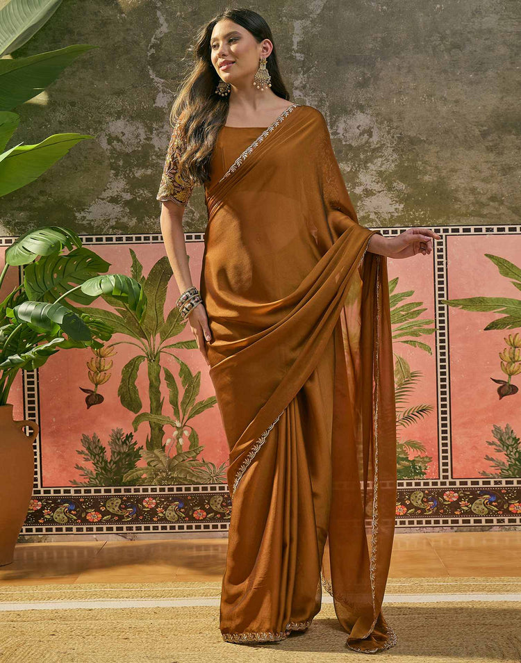 Brown Silk Embroidery Saree