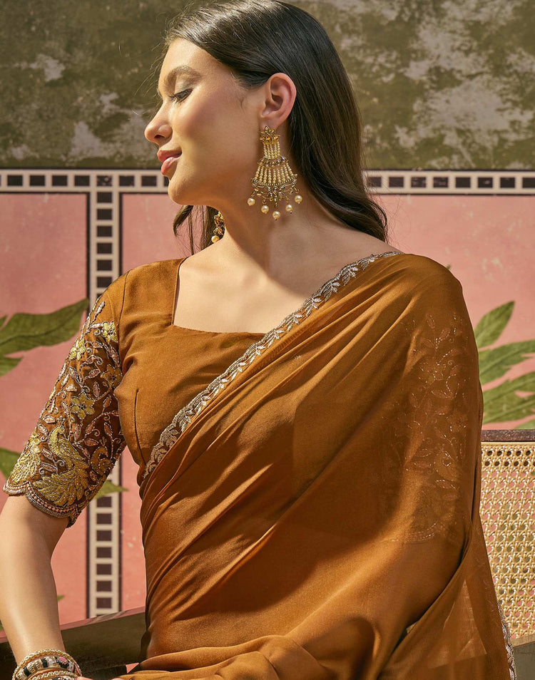 Brown Silk Embroidery Saree