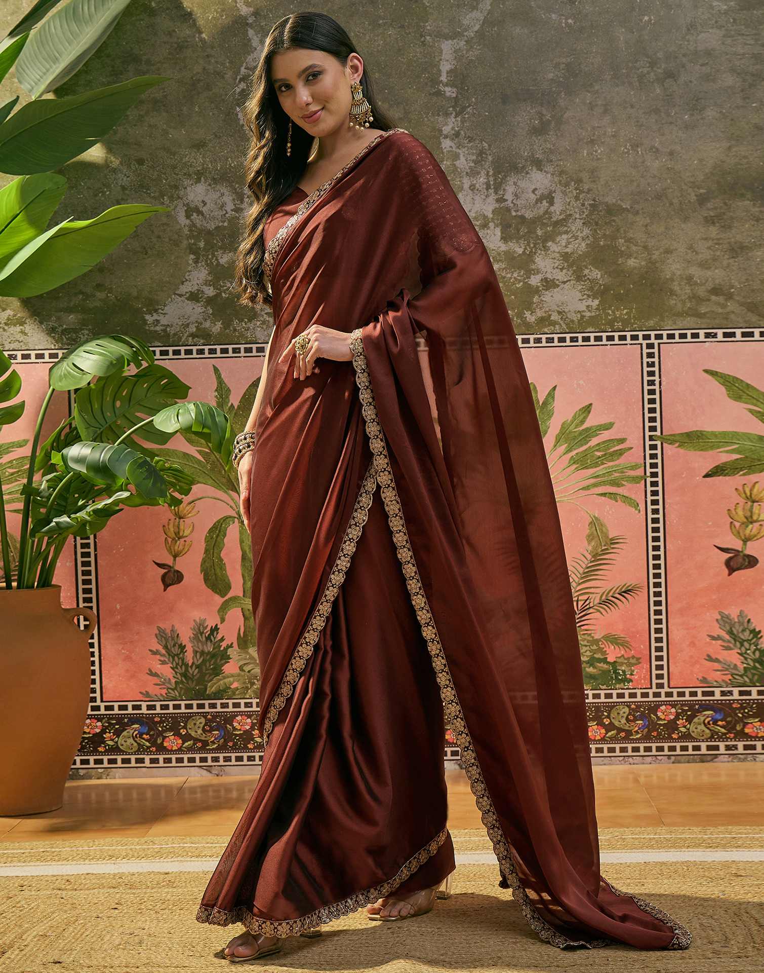 Maroon Silk Sequence Embroidery Lace Saree