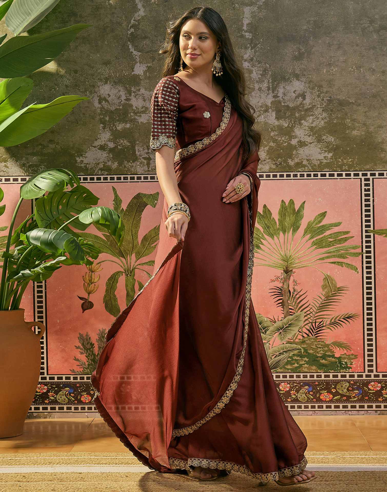 Maroon Silk Sequence Embroidery Lace Saree