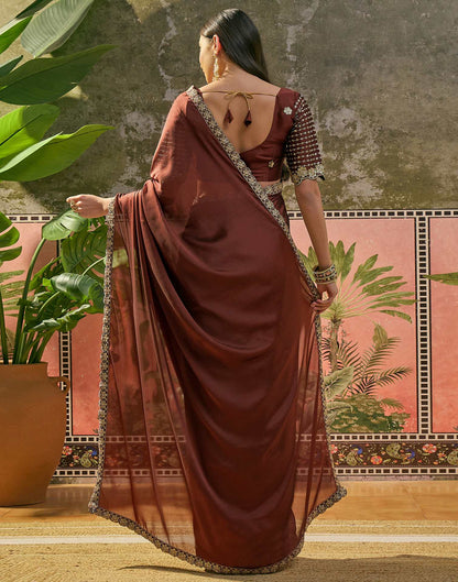 Maroon Silk Sequence Embroidery Lace Saree