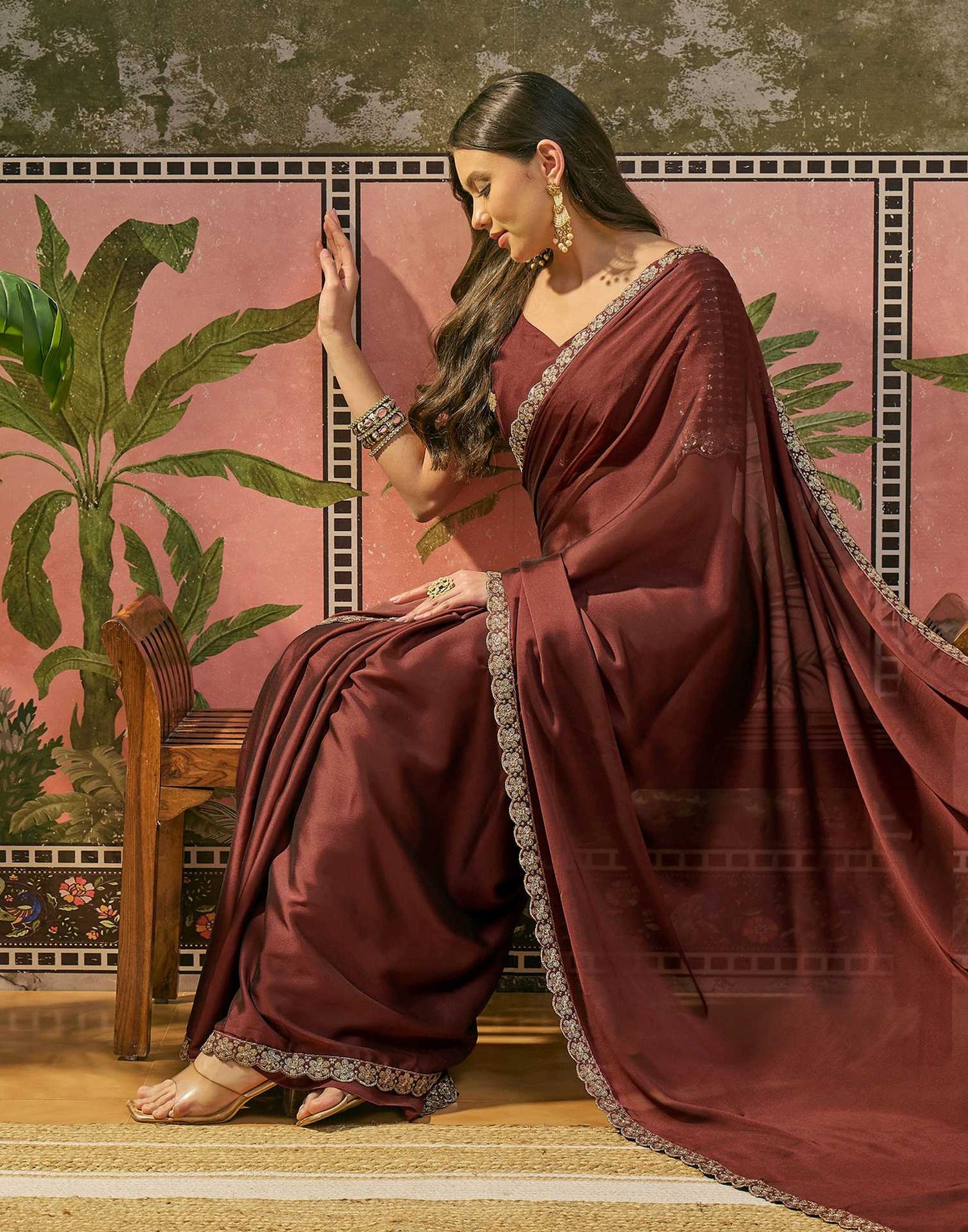 Maroon Silk Sequence Embroidery Lace Saree