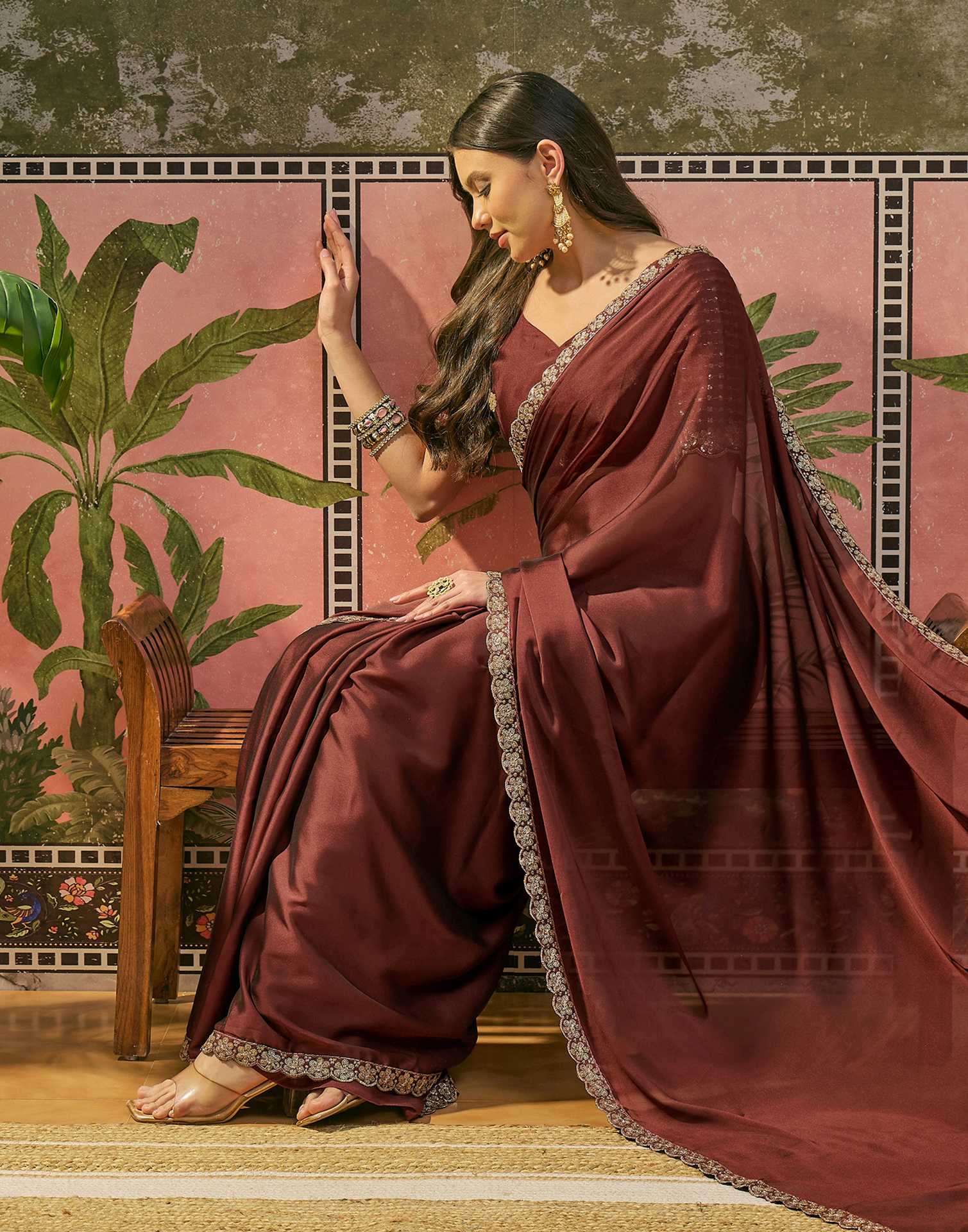 Maroon Silk Sequence Embroidery Lace Saree
