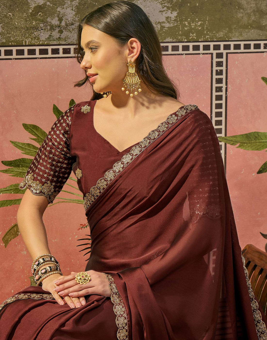 Maroon Silk Sequence Embroidery Lace Saree