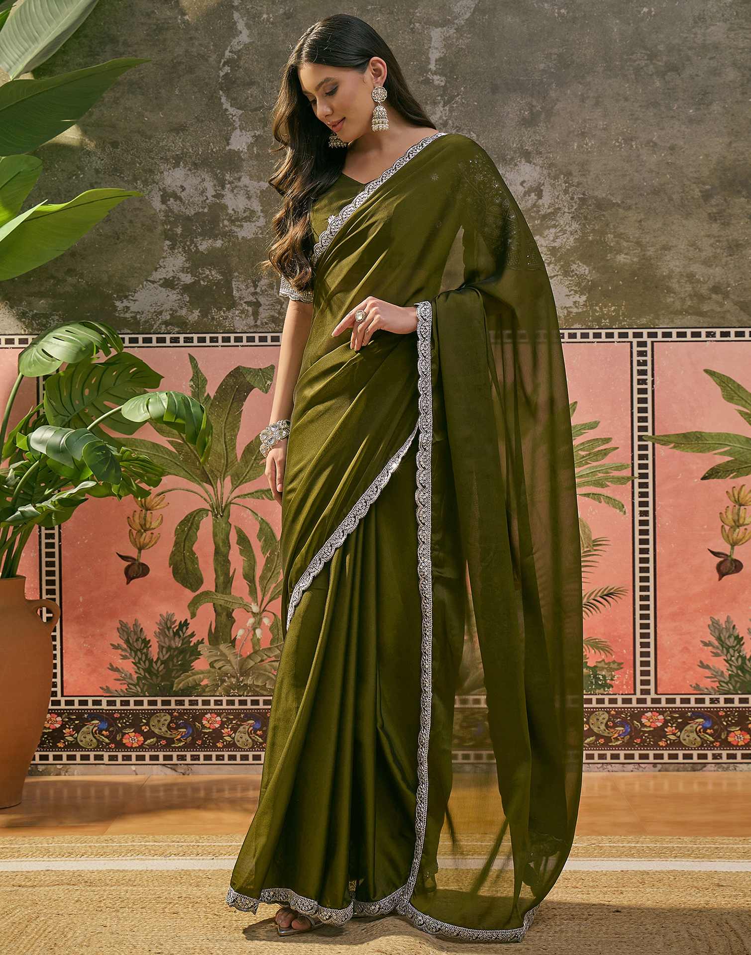 Mehandi Green Silk Sequence Embroidery Lace Saree