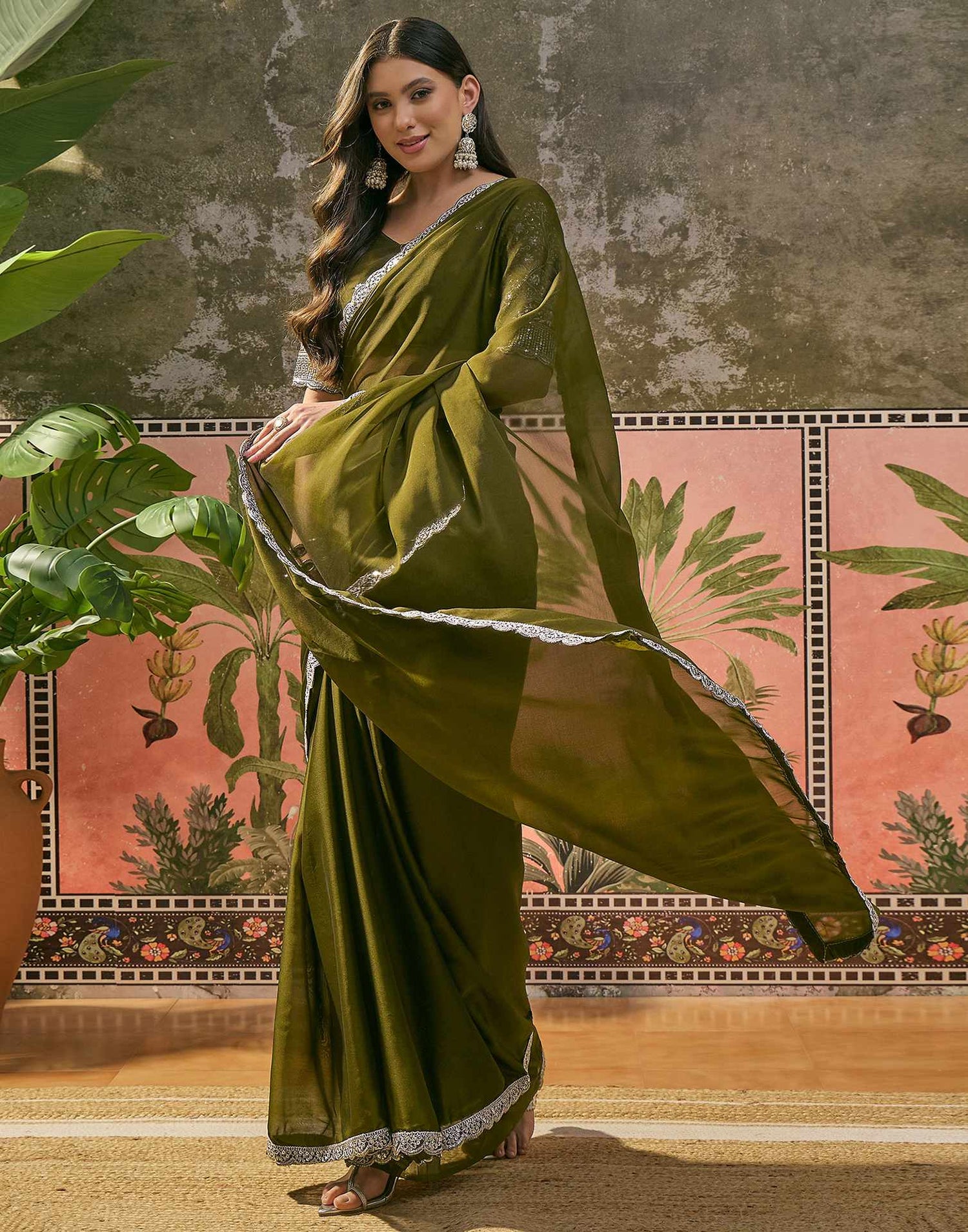 Mehandi Green Silk Sequence Embroidery Lace Saree