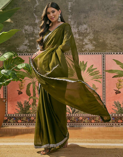 Mehandi Green Silk Sequence Embroidery Lace Saree