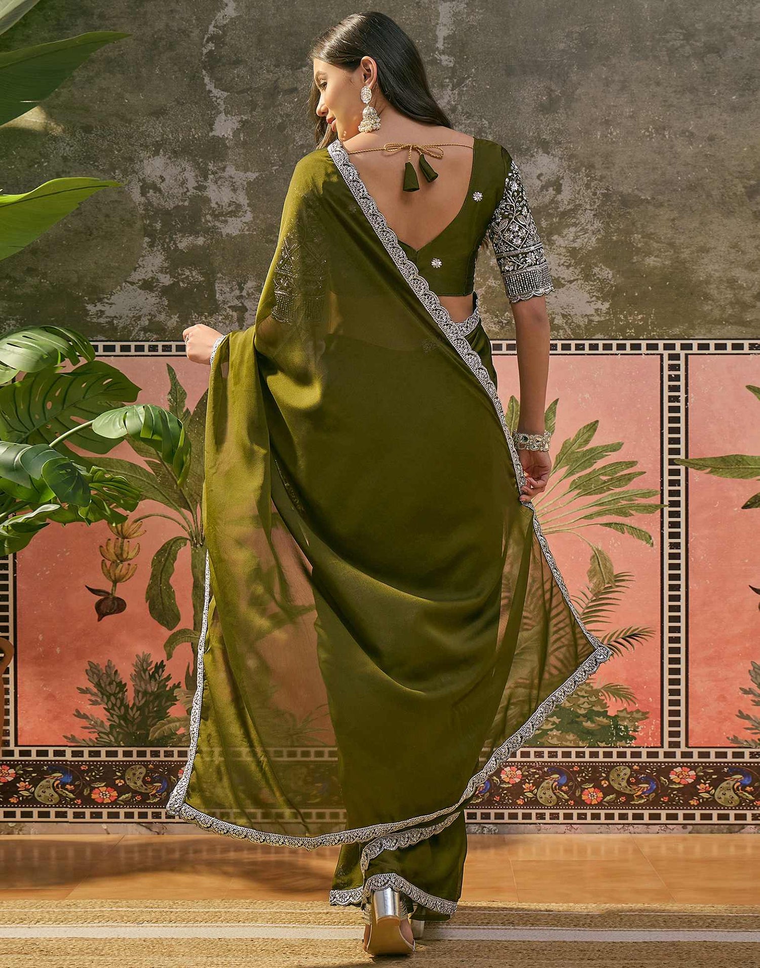 Mehandi Green Silk Sequence Embroidery Lace Saree
