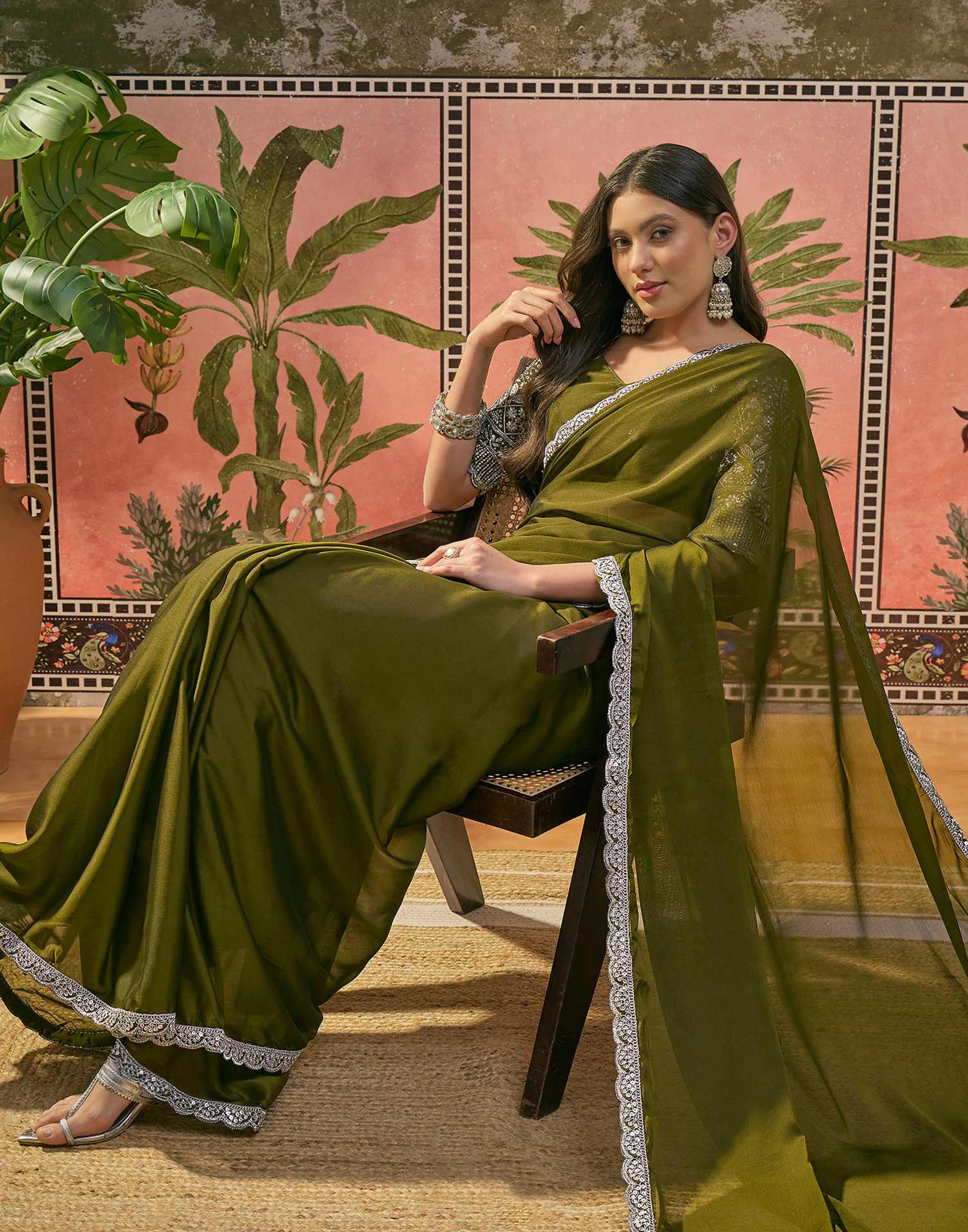 Mehandi Green Silk Sequence Embroidery Lace Saree