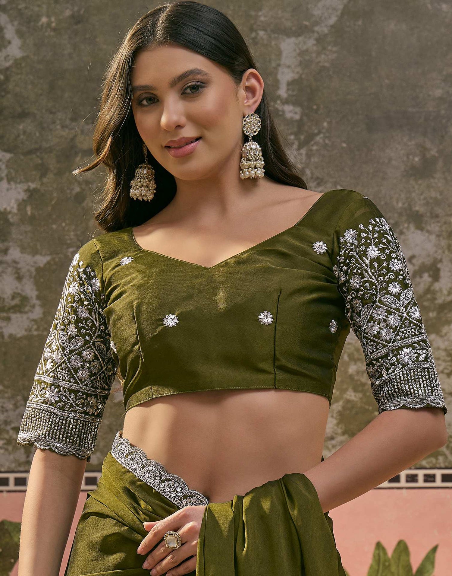 Mehandi Green Silk Sequence Embroidery Lace Saree
