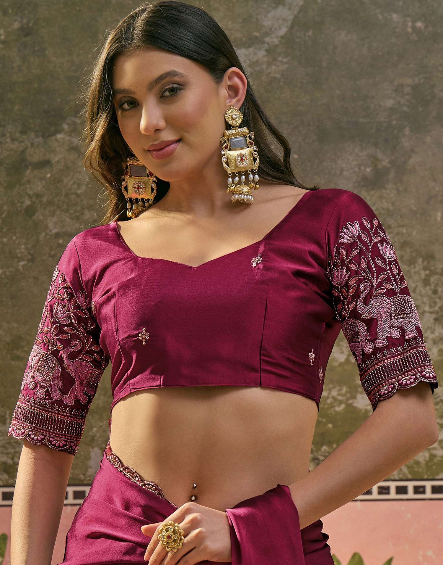 Rani Pink Silk Embroidery Saree