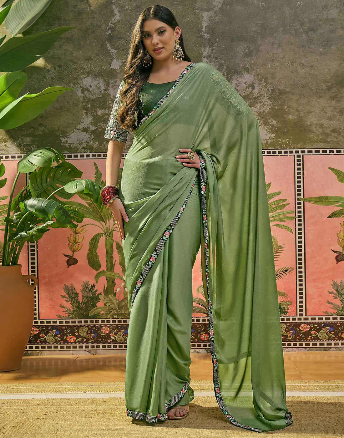 Moss Green Shimmer Embroidery Lace Saree