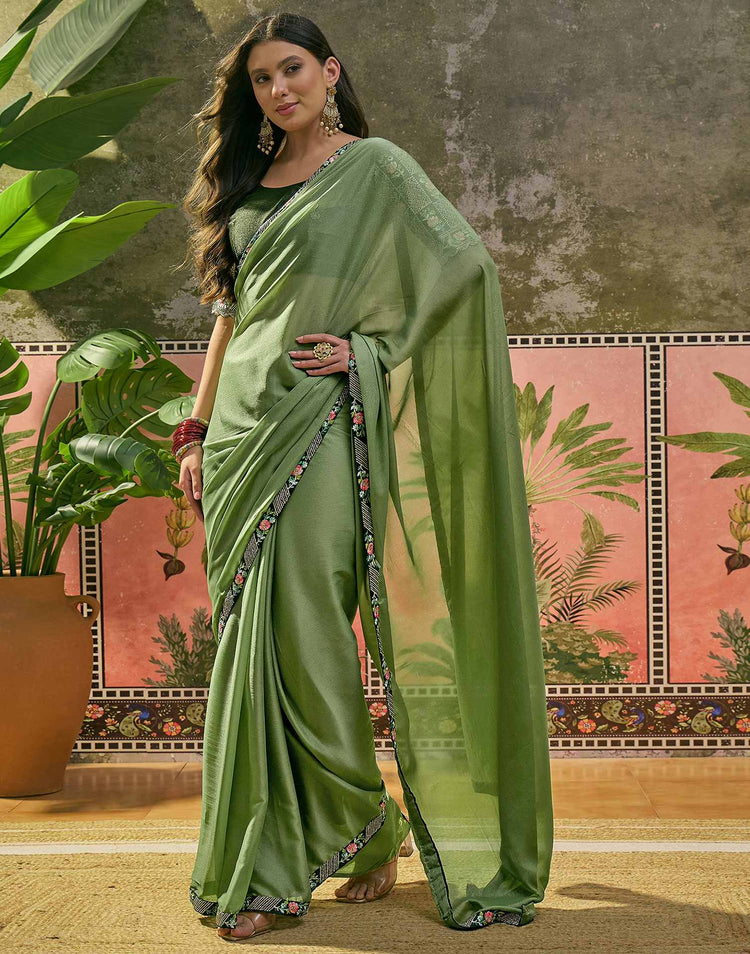 Moss Green Shimmer Embroidery Lace Saree