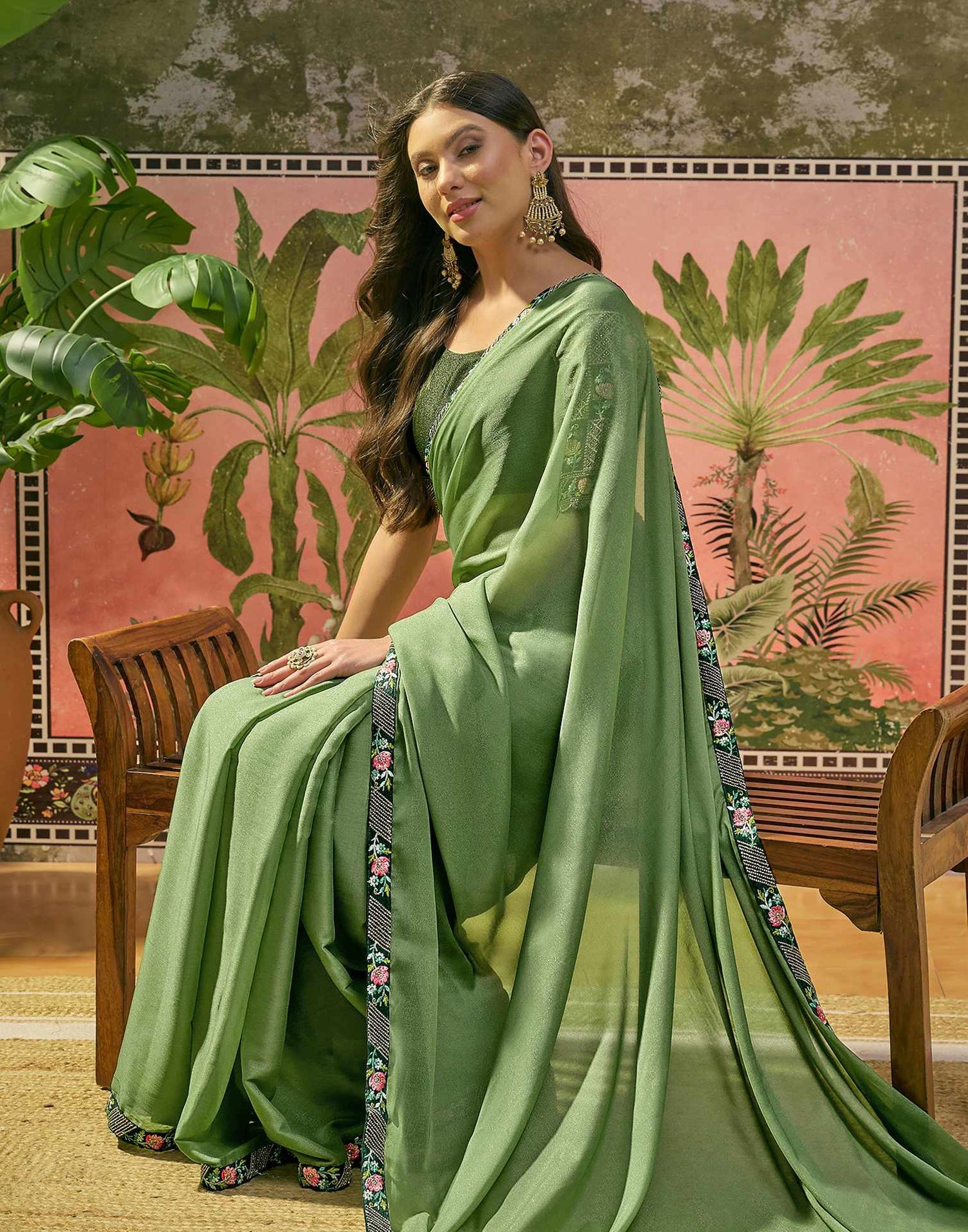 Moss Green Shimmer Embroidery Lace Saree