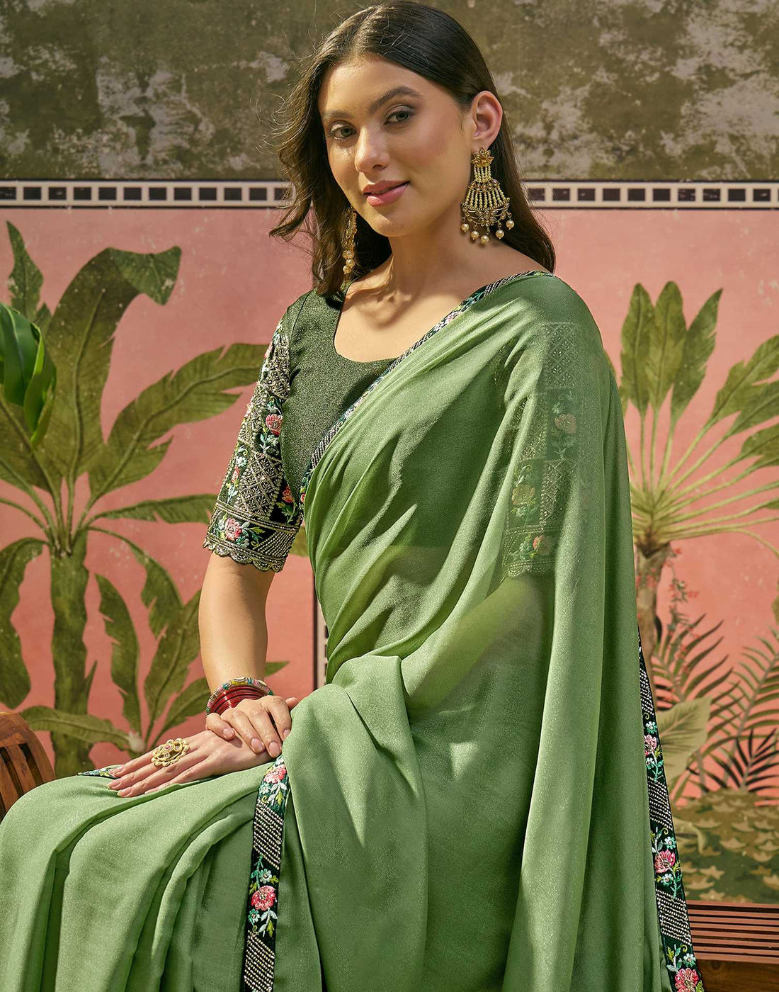 Moss Green Shimmer Embroidery Lace Saree