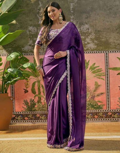 Purple Silk Sequence Embroidery Lace Saree