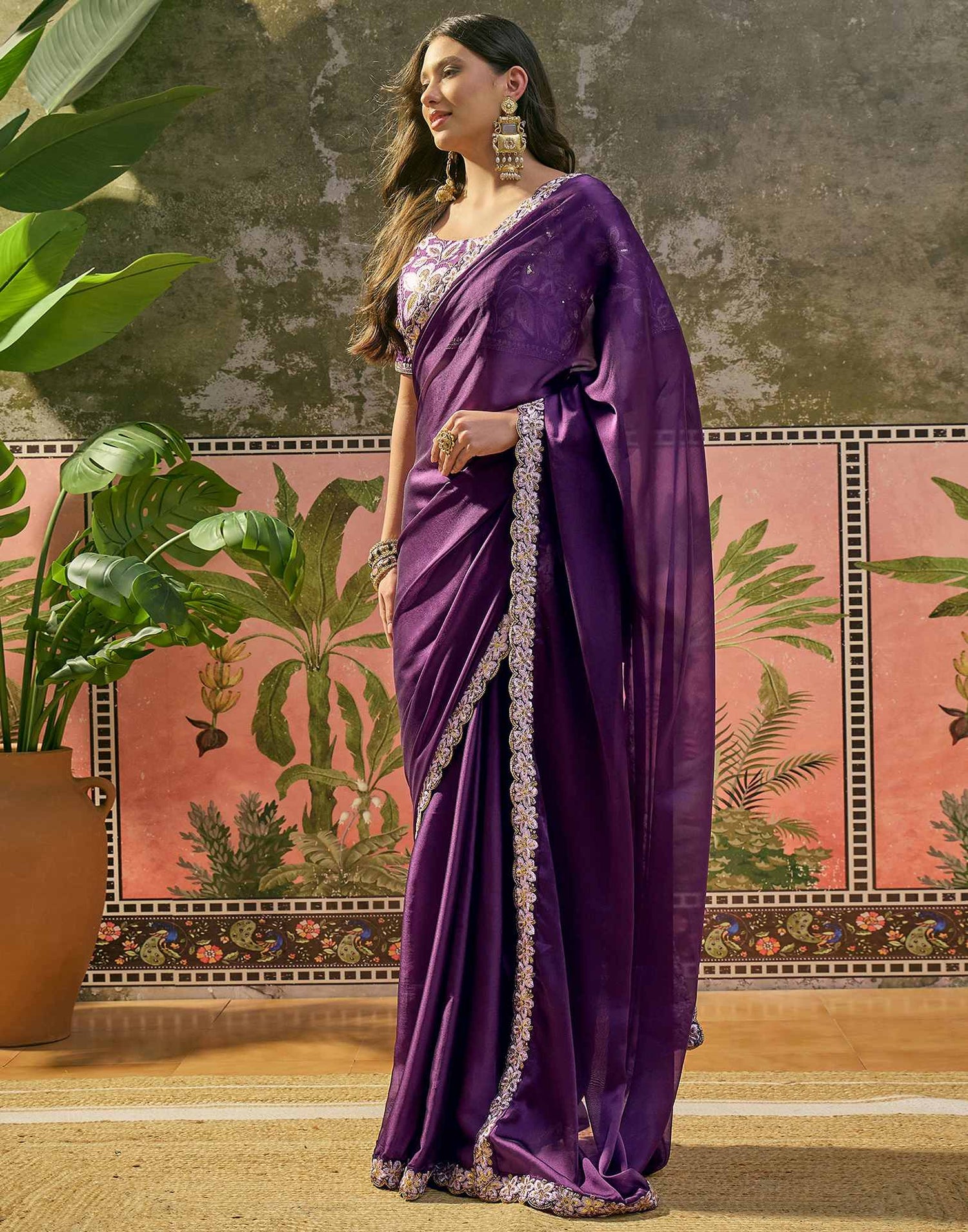 Purple Silk Sequence Embroidery Lace Saree
