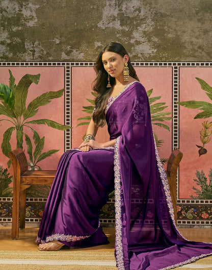 Purple Silk Sequence Embroidery Lace Saree