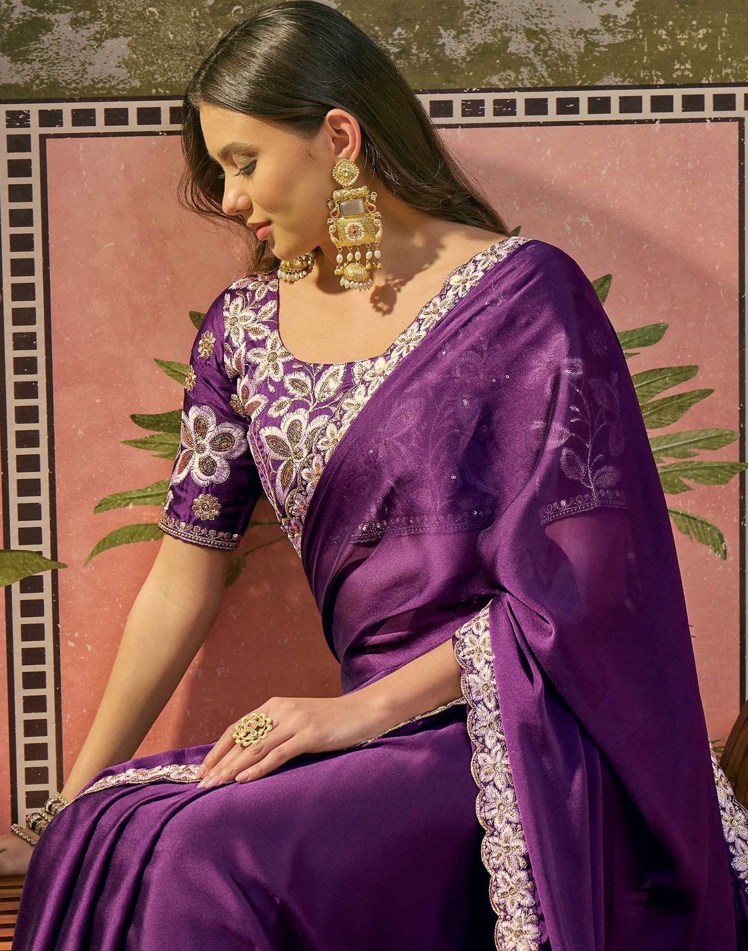 Purple Silk Sequence Embroidery Lace Saree