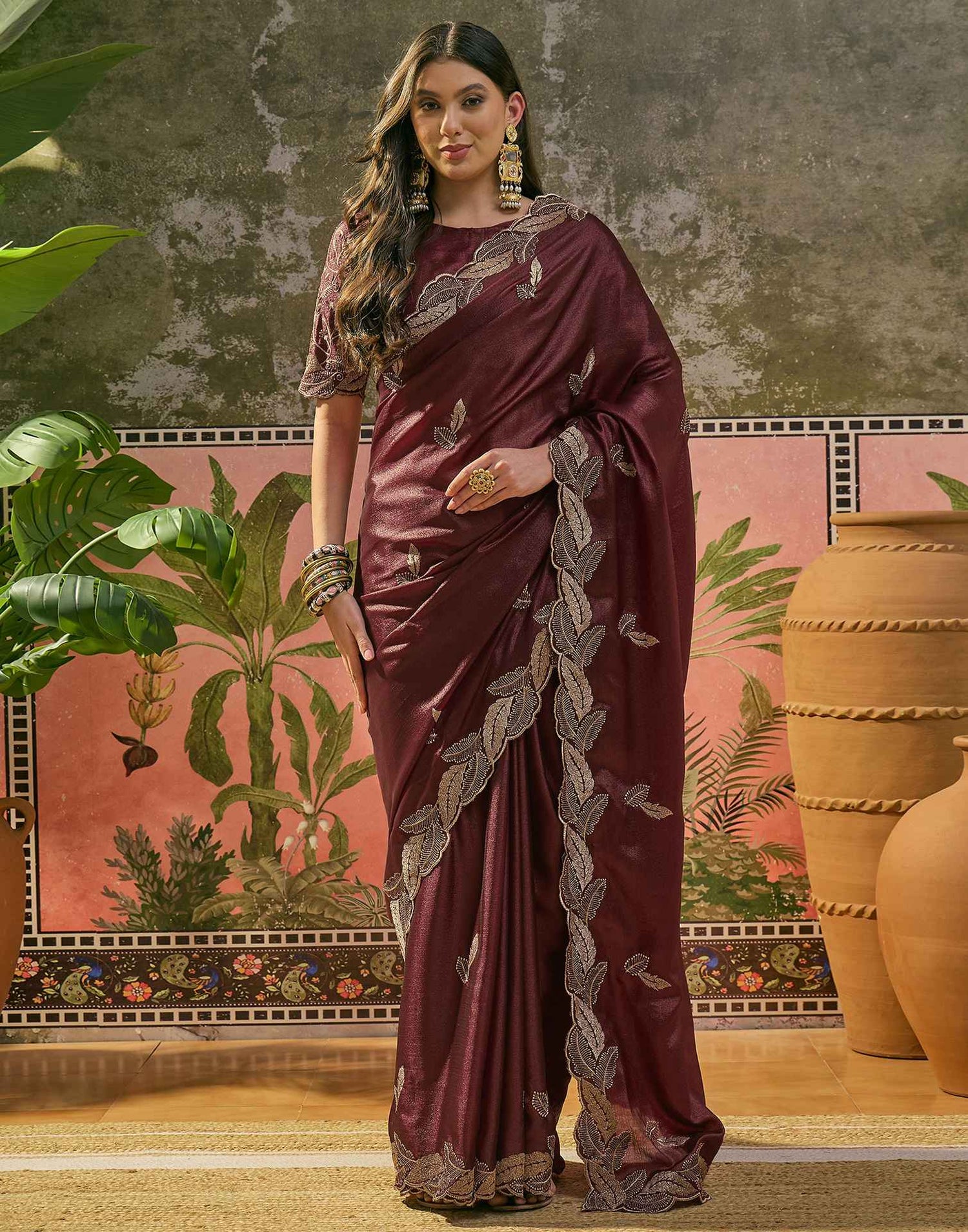 Maroon Shimmer Embroidery Saree