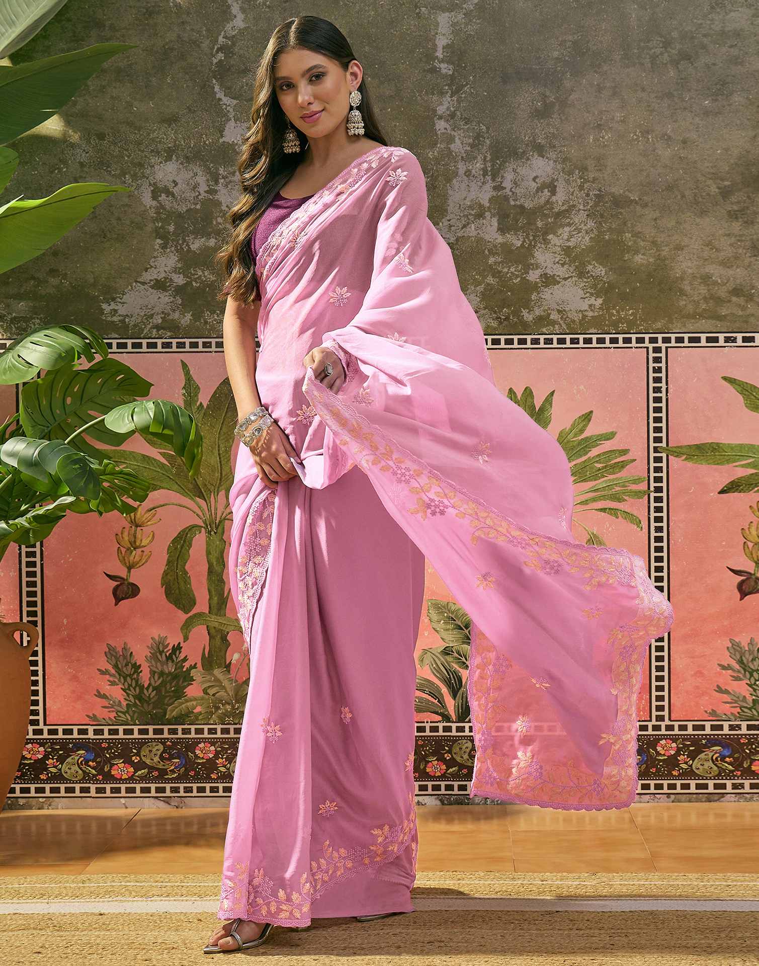 Light Pink Shimmer Embroidery Saree