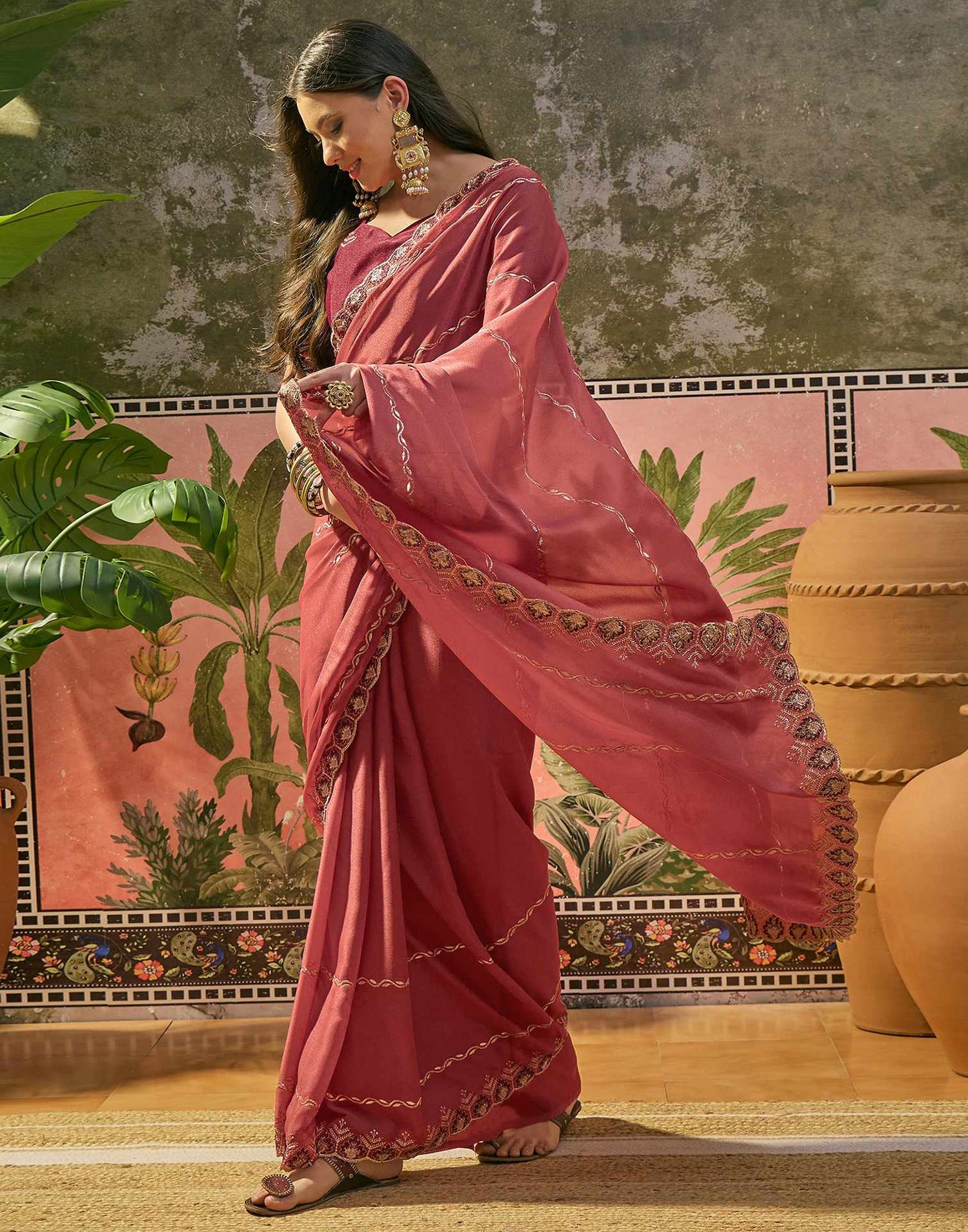Dark Peach Shimmer Embroidery Saree