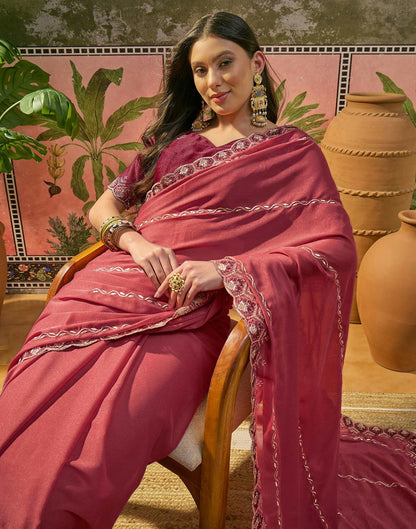 Dark Peach Shimmer Embroidery Saree