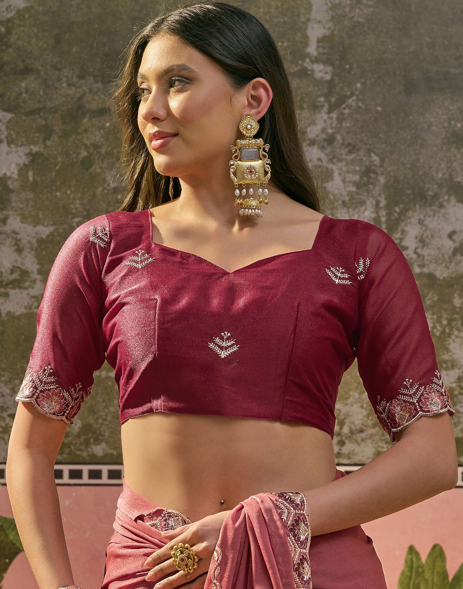 Dark Peach Shimmer Embroidery Saree