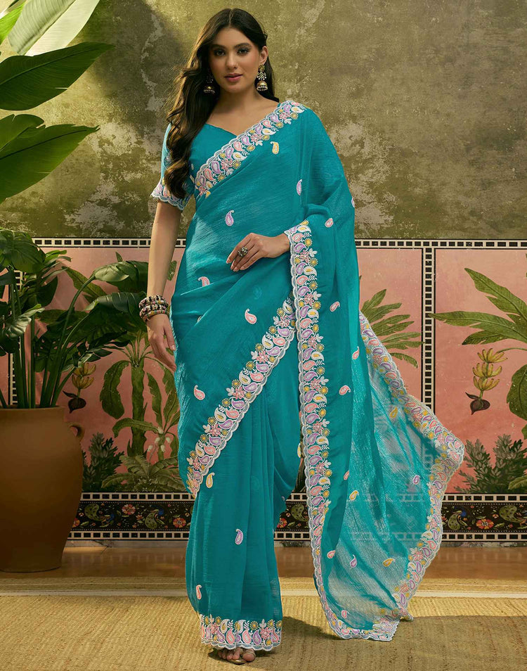 Turquoise Blue Shimmer Embroidery Saree
