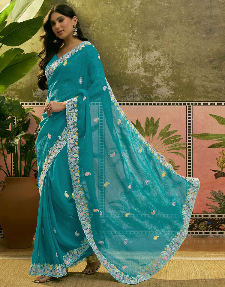 Turquoise Blue Shimmer Embroidery Saree