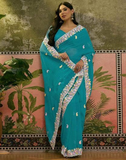 Turquoise Blue Shimmer Embroidery Saree